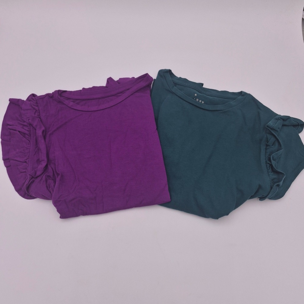 A New Day Ruffle Sleeve Knit Top Lot 2 Teal Green Purple Medium Cotton Rayon